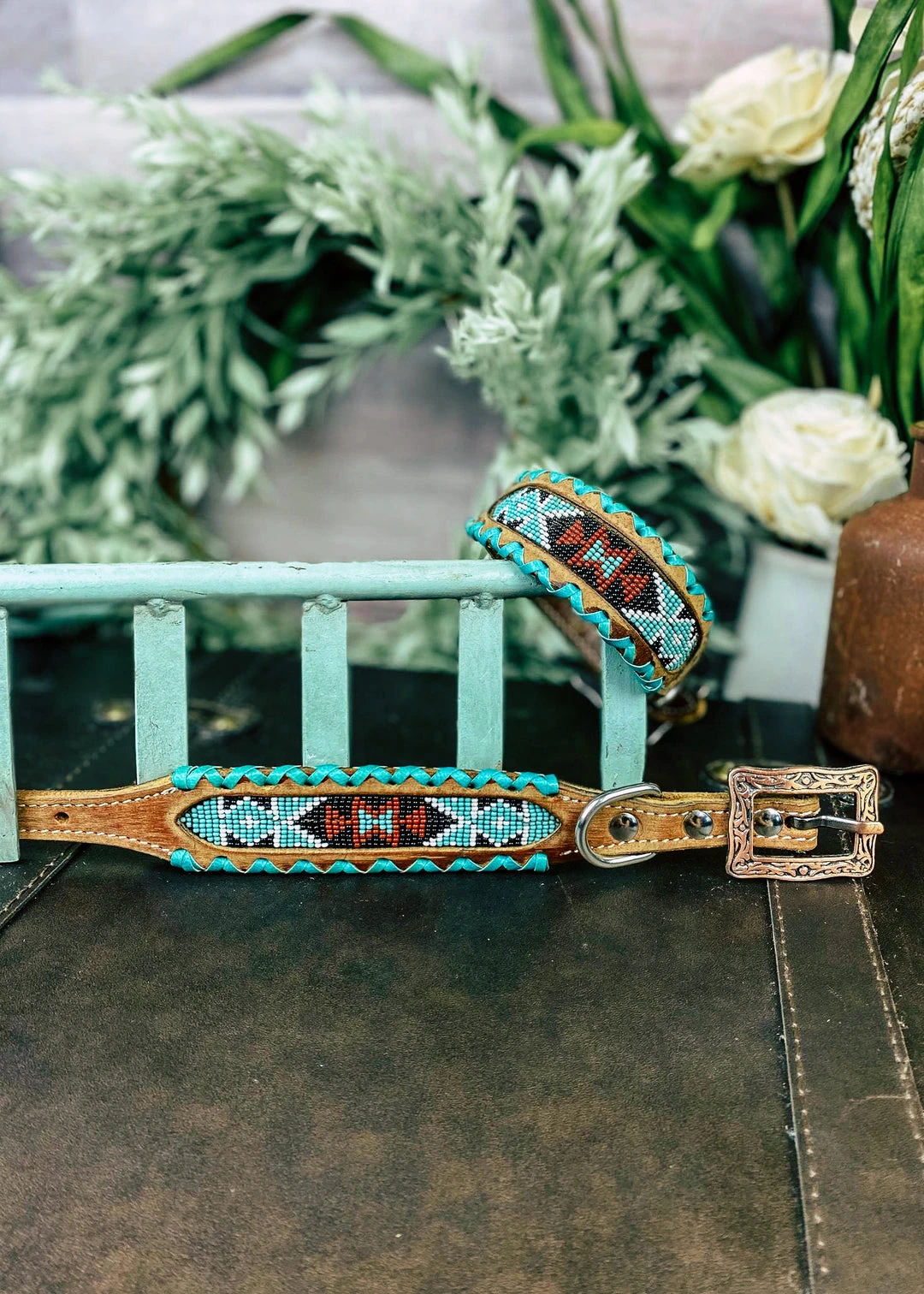 Shiloh Teal Vintage Aztec Beaded Stitched Dog Collar Dog Collars