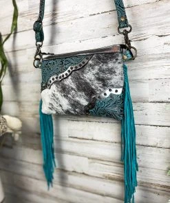 Myra Handbags & Wallets Teal & Metallic Silver Fringe Crossbody