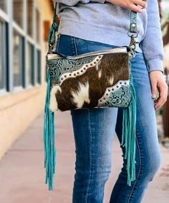 Myra Handbags & Wallets Teal & Metallic Silver Fringe Crossbody