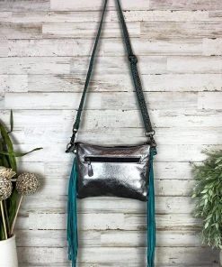 Myra Handbags & Wallets Teal & Metallic Silver Fringe Crossbody