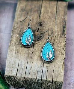Blue Tortoise Turquoise Cactus Teardrop Earrings