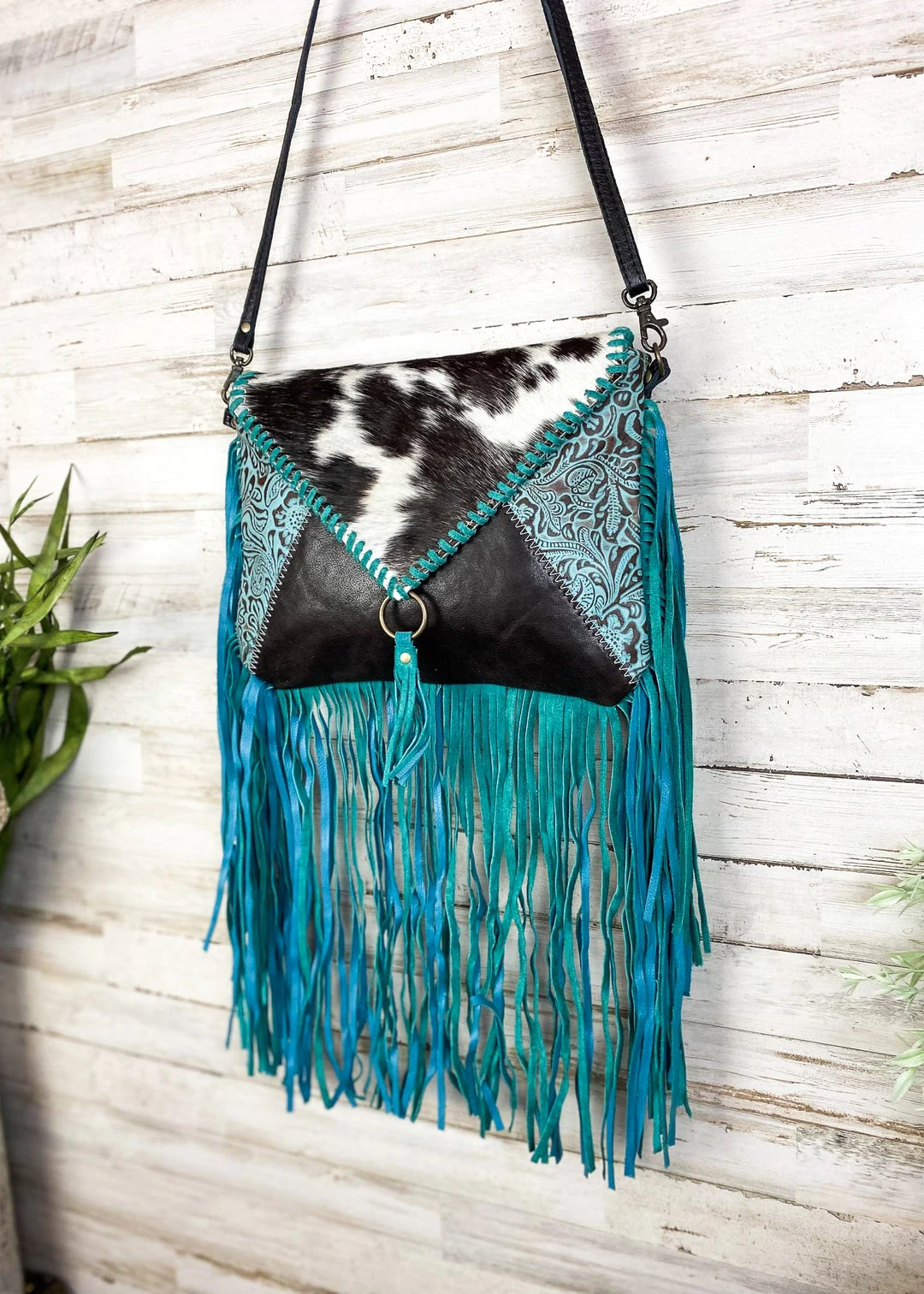 Myra Turquoise Cowhide Envelope Fringe Crossbody Handbag | Stylish & Durable 7 Myra Handbags & Wallets Turquoise Cowhide Envelope Fringe Handbag