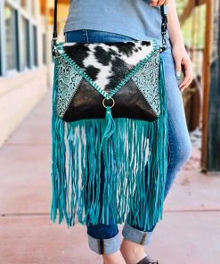 Myra Handbags & Wallets Turquoise Cowhide Envelope Fringe Handbag