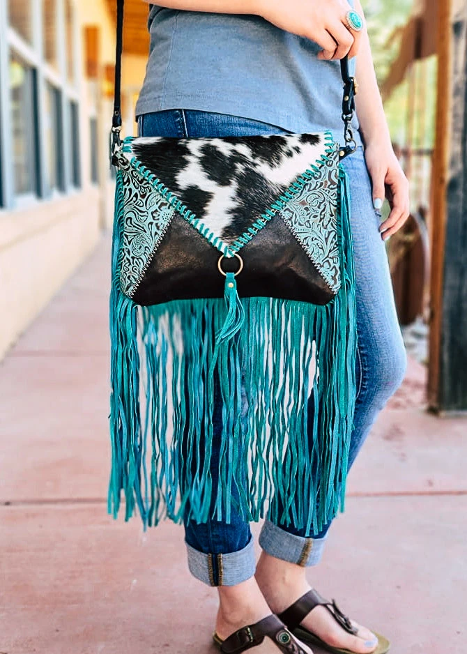 Myra Turquoise Cowhide Envelope Fringe Crossbody Handbag | Stylish & Durable 3 Myra Handbags & Wallets Turquoise Cowhide Envelope Fringe Handbag