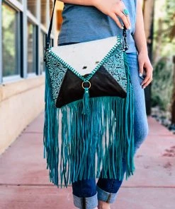 Myra Turquoise Cowhide Envelope Fringe Crossbody Handbag | Stylish & Durable 10 Myra Handbags & Wallets Turquoise Cowhide Envelope Fringe Handbag