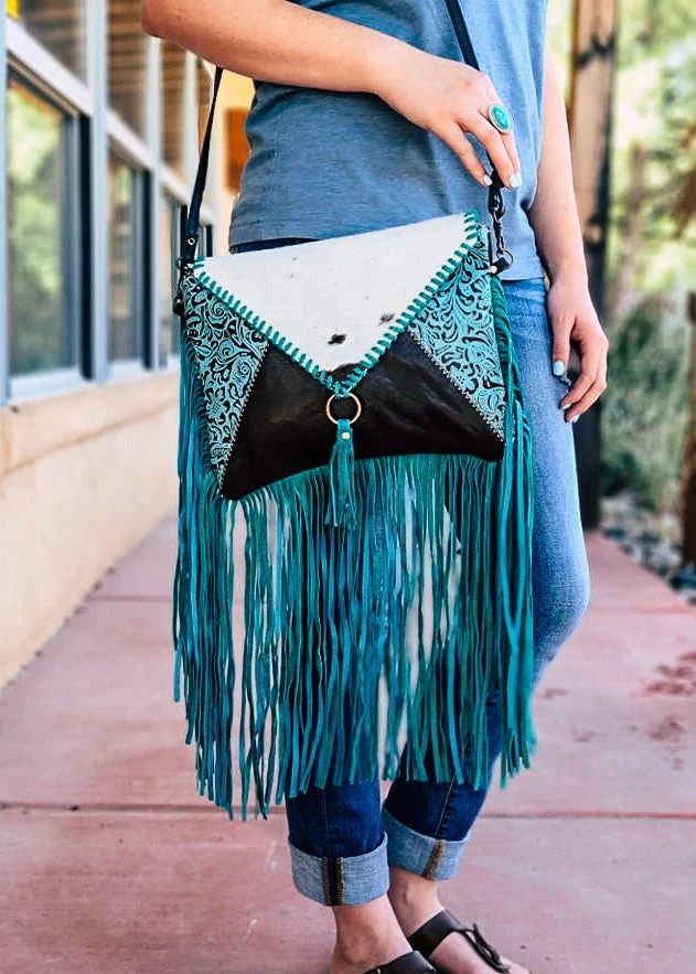Myra Turquoise Cowhide Envelope Fringe Crossbody Handbag | Stylish & Durable 4 Myra Handbags & Wallets Turquoise Cowhide Envelope Fringe Handbag