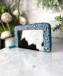 Myra Handbags & Wallets Turquoise Floral Embossed Cowhide Zip Wallet