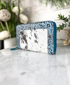 Myra Handbags & Wallets Turquoise Floral Embossed Cowhide Zip Wallet