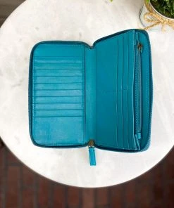 Myra Handbags & Wallets Turquoise Floral Embossed Cowhide Zip Wallet