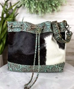 Myra Handbags & Wallets Turquoise Floral Tooled & Cowhide Bucket Bag