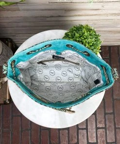 Myra Handbags & Wallets Turquoise Floral Tooled & Cowhide Bucket Bag