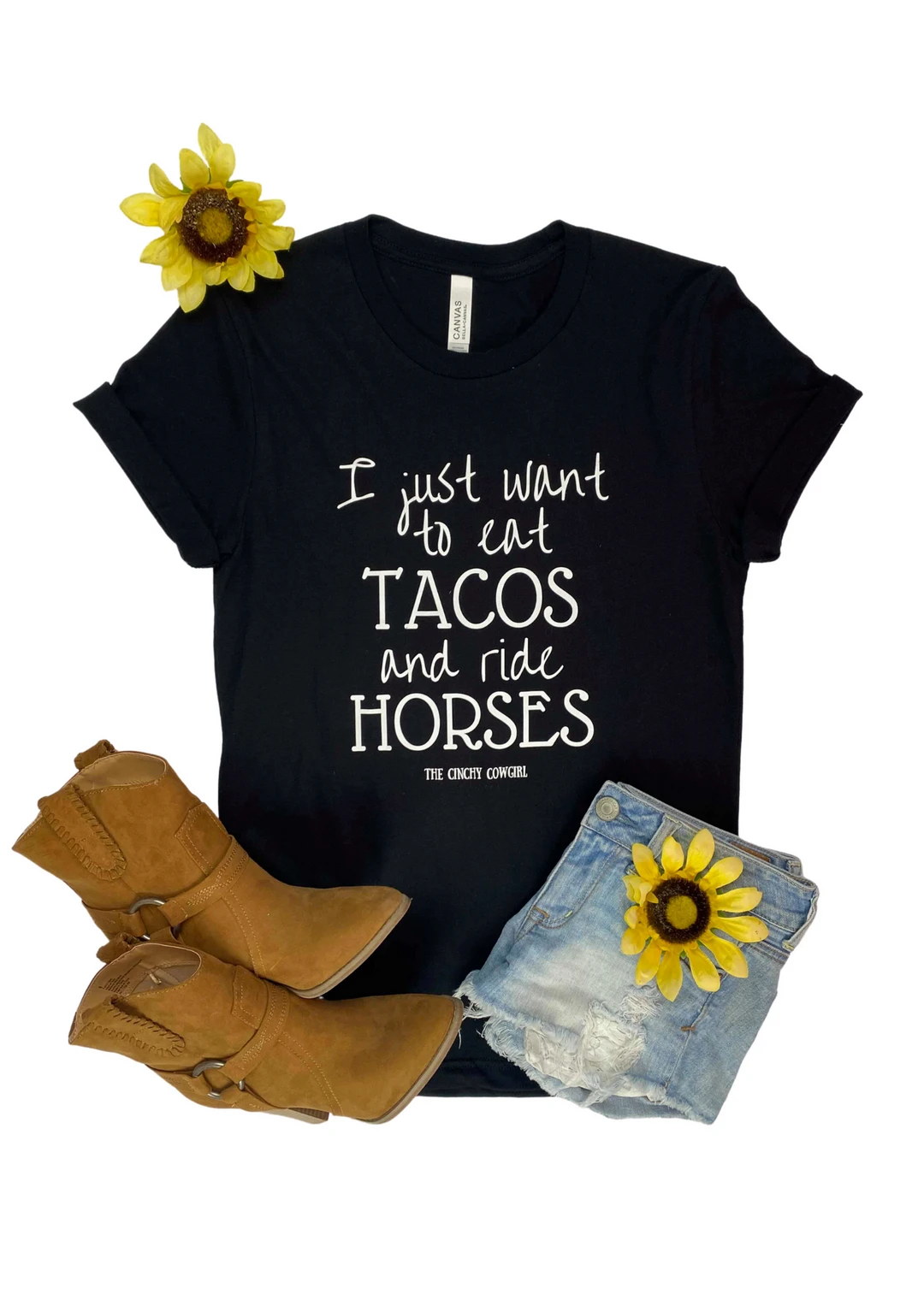 Cinchy Cowgirl Black 'Eat Tacos & Ride Horses' Short Sleeve Graphic Tee - TCC Graphic Tanks & Tees 3 The Cinchy Cowgirl Clothing Black Eat Tacos & Ride Horses Short Sleeve Graphic Tee