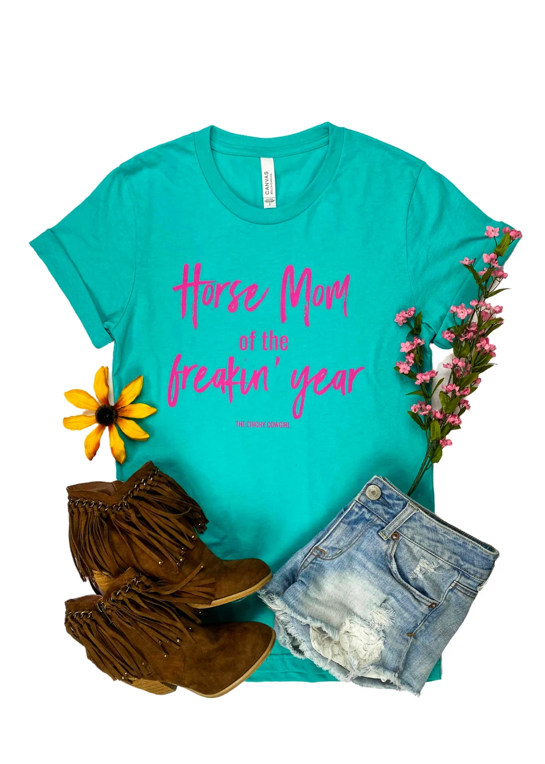 The Cinchy Cowgirl Teal Horse Mom Of The Freakin' Year Graphic Tee - Short Sleeve 3 The Cinchy Cowgirl Clothing Teal Horse Mom Of The Freakin' Year Short Sleeve Graphic Tee
