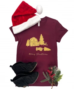 The Cinchy Cowgirl CLOSEOUT- Maroon Merry Christmas Farm Short Sleeve Tee CLEARANCE GRAPHICS
