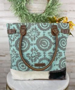 Sixtease Vintage Blue & Cowhide Tote Handbag Handbags & Wallets