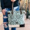 Sixtease Vintage Blue & Cowhide Tote Handbag Handbags & Wallets