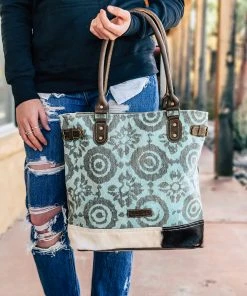 Sixtease Vintage Blue & Cowhide Tote Handbag Handbags & Wallets