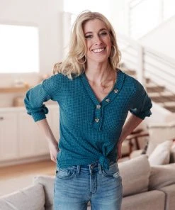 Ave Shops Blue Waffle Love Thermal Top | Long Sleeve Tops for Women 31 Ave Shops Waffle Love Thermal Top In Blue Clothing