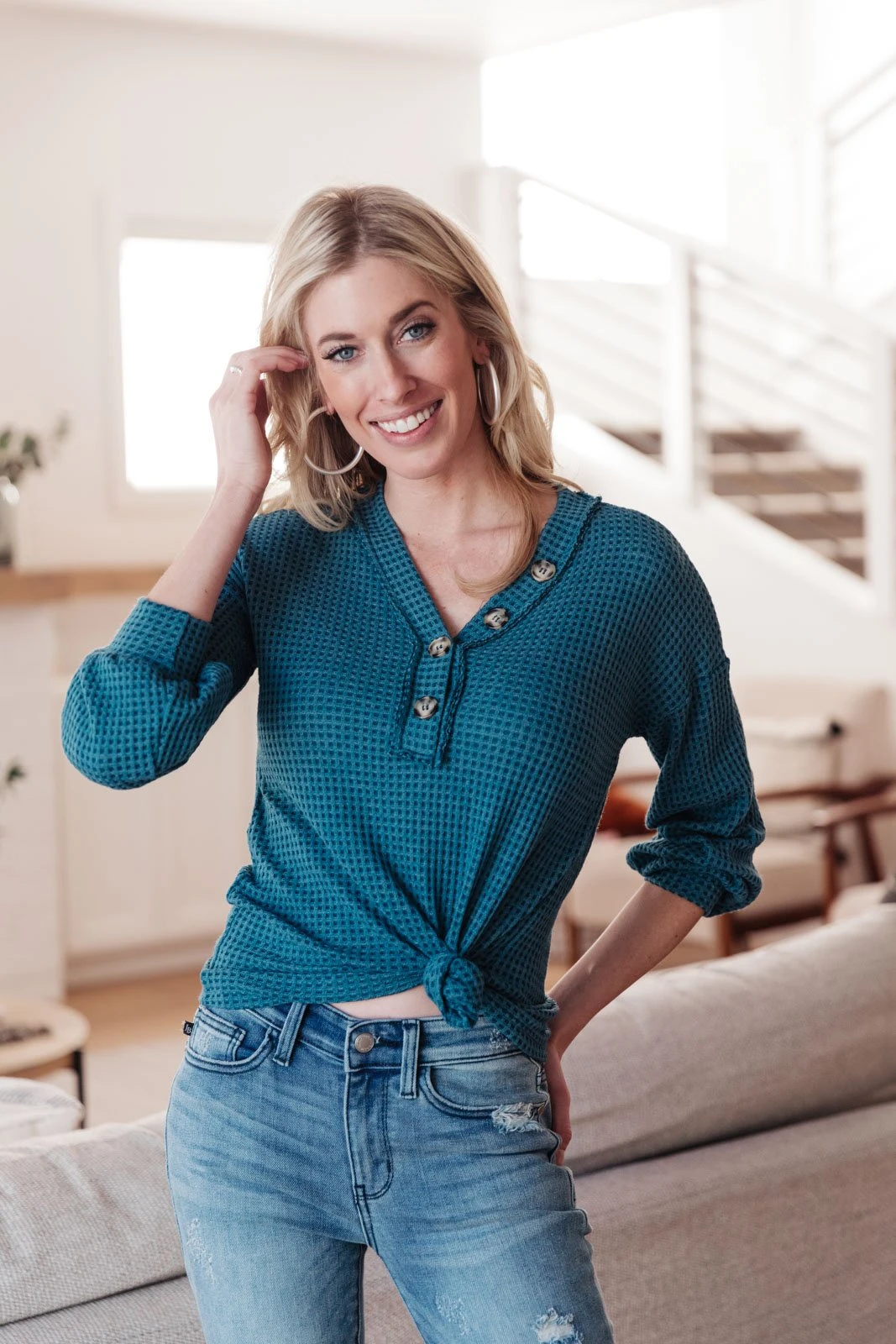 Ave Shops Blue Waffle Love Thermal Top | Long Sleeve Tops for Women 12 Ave Shops Waffle Love Thermal Top In Blue Clothing