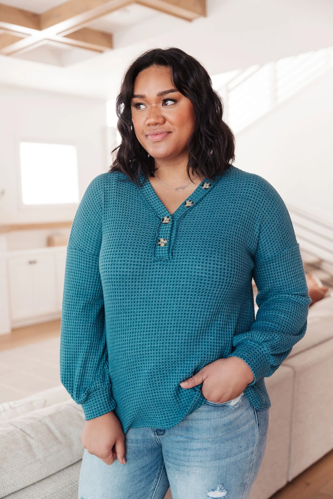 Ave Shops Blue Waffle Love Thermal Top | Long Sleeve Tops for Women 14 Ave Shops Waffle Love Thermal Top In Blue Clothing