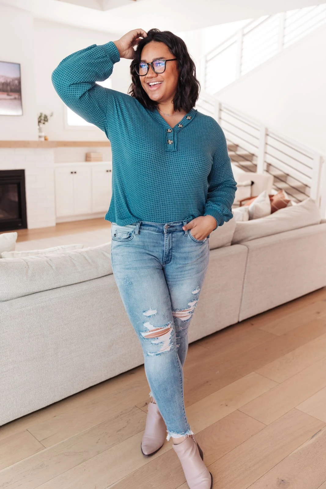 Ave Shops Blue Waffle Love Thermal Top | Long Sleeve Tops for Women 15 Ave Shops Waffle Love Thermal Top In Blue Clothing