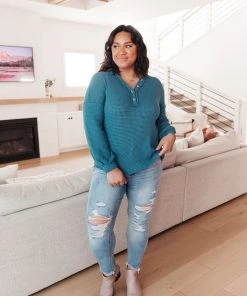 Ave Shops Blue Waffle Love Thermal Top | Long Sleeve Tops for Women 40 Ave Shops Waffle Love Thermal Top In Blue Clothing