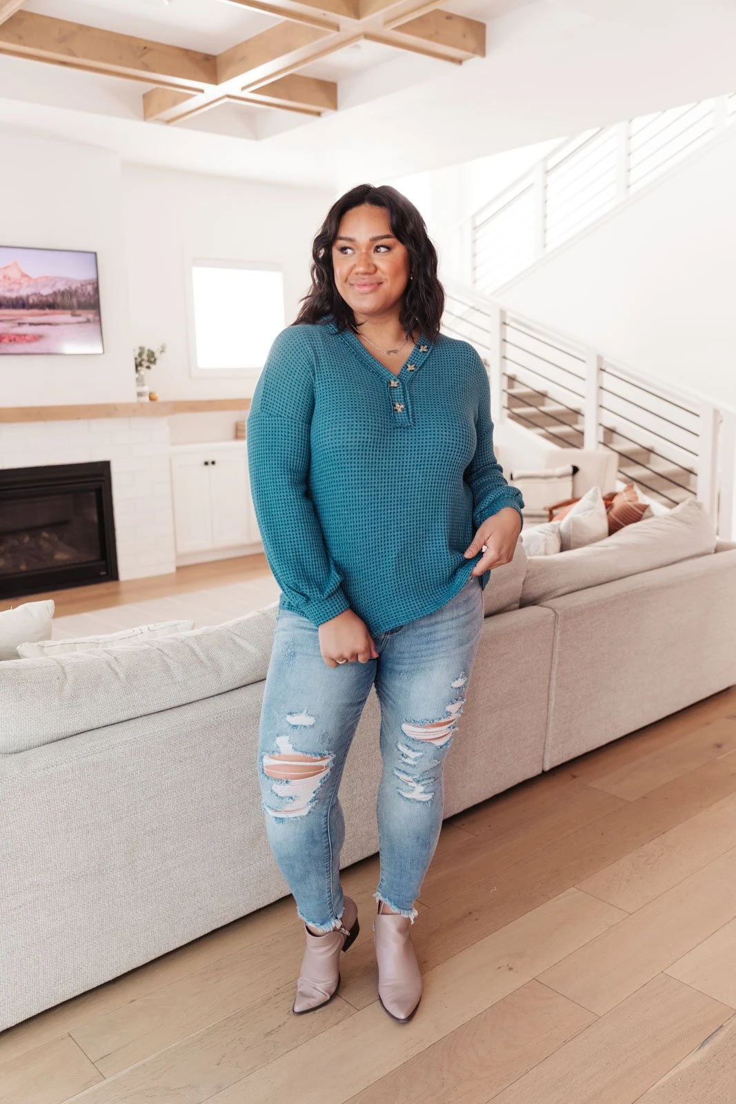 Ave Shops Blue Waffle Love Thermal Top | Long Sleeve Tops for Women 20 Ave Shops Waffle Love Thermal Top In Blue Clothing