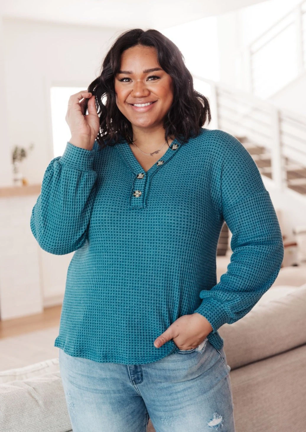 Ave Shops Blue Waffle Love Thermal Top | Long Sleeve Tops for Women 3 Ave Shops Waffle Love Thermal Top In Blue Clothing