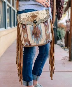 Myra Western Aztec Cowhide & Fringe Crossbody Handbag