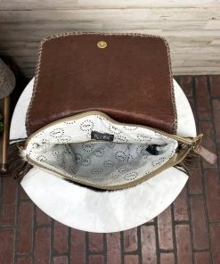 Myra Handbags & Wallets Western Canny Cowhide & Floral Tooled Crossbody Handbag