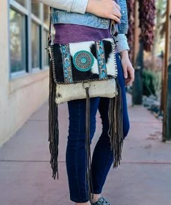 Myra Handbags & Wallets Western Canny Cowhide & Floral Tooled Crossbody Handbag