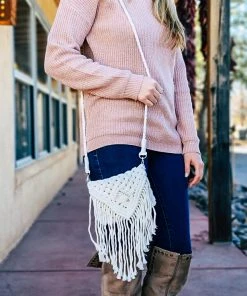 Tassels & Fringe White Macramé Small Crossbody Handbag
