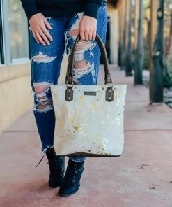 Sixtease White & Gold Splatter Cowhide Handbag