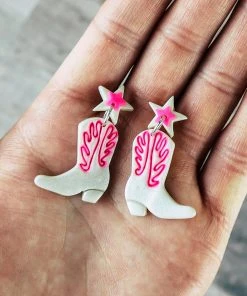 Ember Moon White & Pink Cowboy Boot Clay Earrings