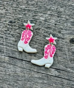 Ember Moon White & Pink Cowboy Boot Clay Earrings