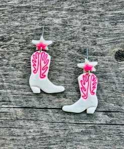 Ember Moon White & Pink Cowboy Boot Clay Earrings