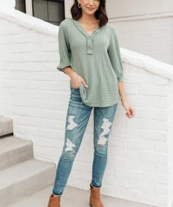Ave Shops Sage Waffled Long Sleeve Top - Women's Tops & Blouses 25 Ave Shops Wonderfully Waffled Top In Sage Clothing