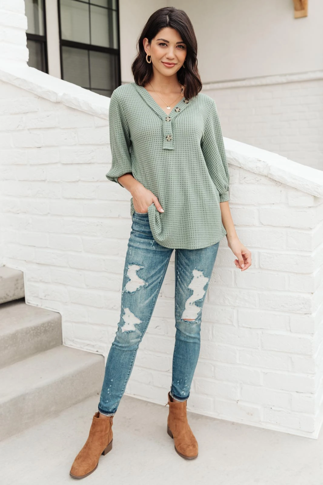 Ave Shops Sage Waffled Long Sleeve Top - Women's Tops & Blouses 11 Ave Shops Wonderfully Waffled Top In Sage Clothing