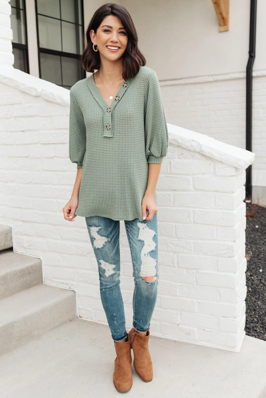 Ave Shops Sage Waffled Long Sleeve Top - Women's Tops & Blouses 12 Ave Shops Wonderfully Waffled Top In Sage Clothing