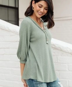 Ave Shops Sage Waffled Long Sleeve Top - Women's Tops & Blouses 27 Ave Shops Wonderfully Waffled Top In Sage Clothing