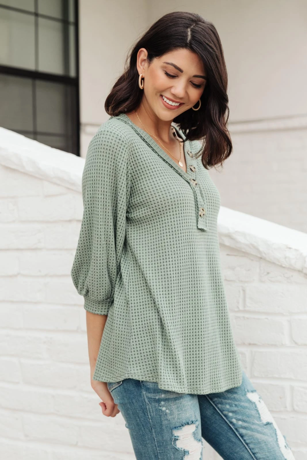 Ave Shops Sage Waffled Long Sleeve Top - Women's Tops & Blouses 13 Ave Shops Wonderfully Waffled Top In Sage Clothing