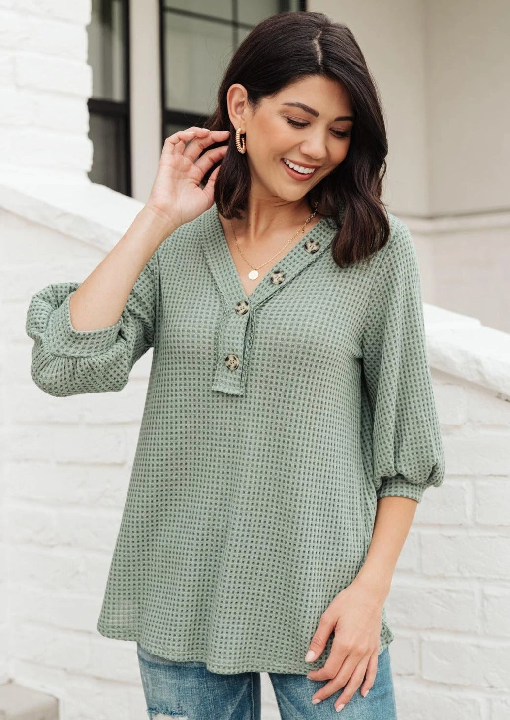 Ave Shops Sage Waffled Long Sleeve Top - Women's Tops & Blouses 3 Ave Shops Wonderfully Waffled Top In Sage Clothing