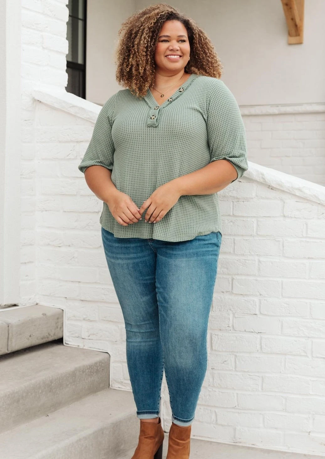 Ave Shops Sage Waffled Long Sleeve Top - Women's Tops & Blouses 4 Ave Shops Wonderfully Waffled Top In Sage Clothing