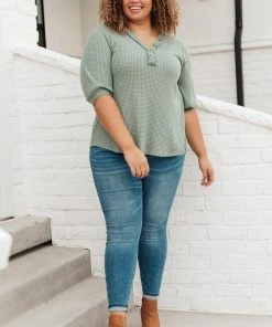 Ave Shops Sage Waffled Long Sleeve Top - Women's Tops & Blouses 20 Ave Shops Wonderfully Waffled Top In Sage Clothing