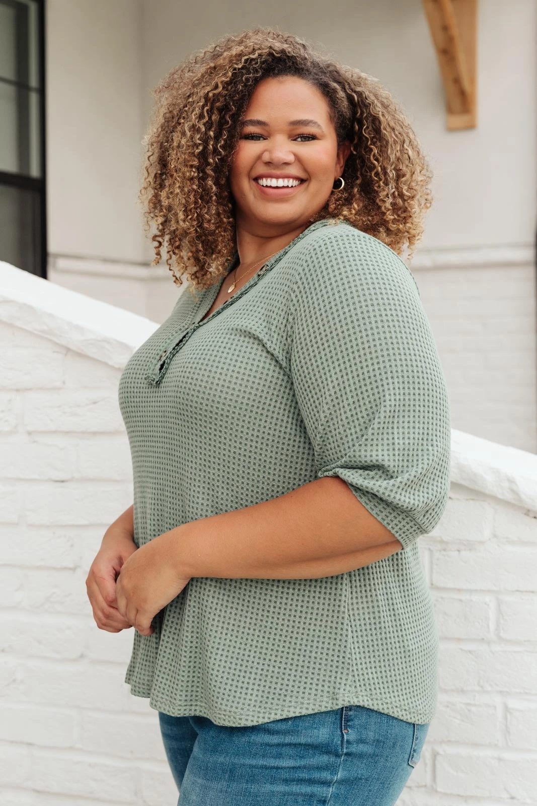 Ave Shops Sage Waffled Long Sleeve Top - Women's Tops & Blouses 7 Ave Shops Wonderfully Waffled Top In Sage Clothing