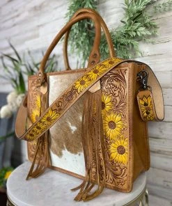 American Darling Yellow Sunflower & Cowhide Conceal Carry Handbag