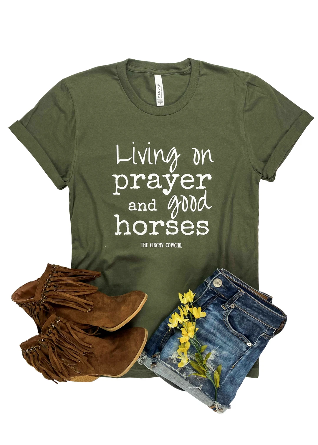 The Cinchy Cowgirl Army Green Graphic Tee - Short Sleeve Living On A Prayer Shirt 3 The Cinchy Cowgirl Clothing Army Green Living On A Prayer Short Sleeve Graphic Tee