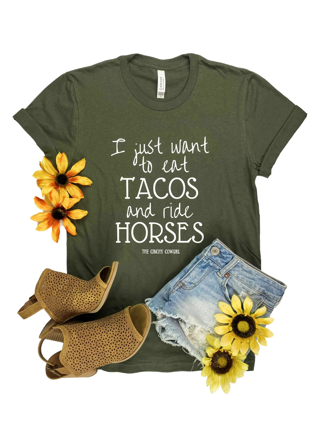 Cinchy Cowgirl Army Green 'Eat Tacos & Ride Horses' Graphic Tee | Short Sleeve T-Shirt 3 The Cinchy Cowgirl Clothing Army Green Eat Tacos & Ride Horses Short Sleeve Graphic Tee
