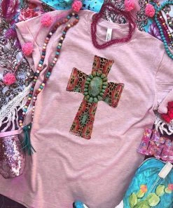 Thelattimoreclaim Peach Aztec Cross & Turquoise Stone Tee