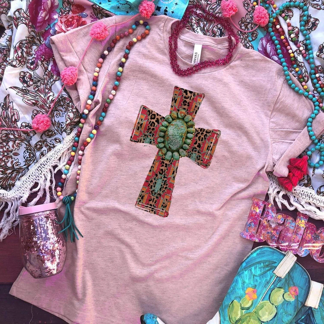 Thelattimoreclaim Peach Aztec Cross & Turquoise Stone Graphic Tee | Featured Graphic Tees 3 Thelattimoreclaim Peach Aztec Cross & Turquoise Stone Tee